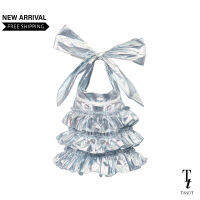 TandT - FALLING LOVE SILVER Bag - LAYERED RUFFLED METALLIC FOIL BAG  กระเป๋าถือ สายหูรูด ทรงขนมจีบ ตกแต่งรูดชั้นระบาย สายผูกโบว์ ผ้าฟรอยด์สีเงิน