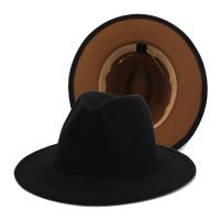 Black With Peanut Butter Bottom Patchwork Jazz Fedora Hats Womens Men Faux Wool Party Formal Cap Wide Brim Two Tone Felt Hat