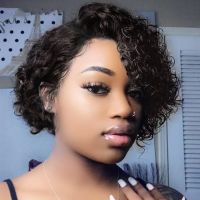 【CW】 Short Kinky Curly Human Hair Wig Afro Wigs Cut No Front