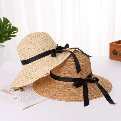 ลำลองฤดูร้อนหมวกฟางผู้หญิงนักพายเรือชายหาดปีกกว้างฟลอปปี้อาทิตย์หมวก Visor ยูวีปกป้องโบว์ริบบิ้นสุภาพสตรีปานามาหมวกหญิง