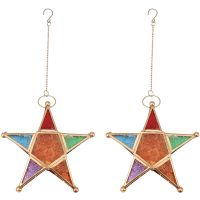 2X Multicolour Glass Star Votive Tea Light Candle Holder Hanging Lighting Lantern