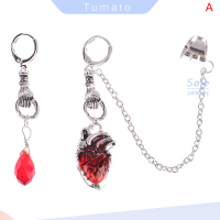 Tumato ต่างหูหัวใจเต้นแบบโกธิกพังก์น่ากลัวหัวใจที่มีเลือดไหลสีแดงไม่สมมาตรที่หนีบข้อมือต่างหูห่วงปาร์ตี้ฮาโลวีน