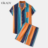 TOP☆ OKADY เสื ้อฮาวาย เสื้อเชิ้ตแขนสั้นผู้ชายและกางเกงขาสั้นชุดฤดูร้อน 2 ชิ้นเสื้อเชิ้ตฮาวายแบบติดกระดุม