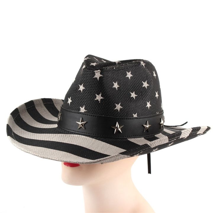 ฤดูร้อนคลาสสิกอเมริกันธงหมวกคาวบอยสําหรับผู้ชายกว้าง-brim-สหรัฐอเมริกา-cowgirl-chapeau-homme-หมวกสหรัฐอเมริกาธงฟางหมวกคาวบอย-dropshipping