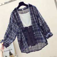 Womens Korean style loose plaid long-sleeved mid-length shirt