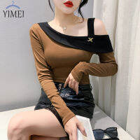 YIMEI เสื้อยืดคอวีเสื้อเปิดไหล่เซ็กซี่ผู้หญิง,ผ้าฝ้ายสลิมฟิตเสื้อคอวีเอียง2023ฤดูใบไม้ร่วงเสื้อผ้าผู้หญิงขนาดใหญ่ใหม่