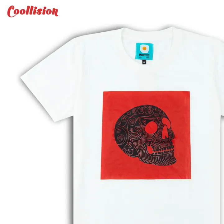 coollision-เสื้อยืดสกรีนลาย-หัวกะโหลกพื้นแดง-ผ้าcotton100-เสื้อสกรีน-เสื้อกะโหลก