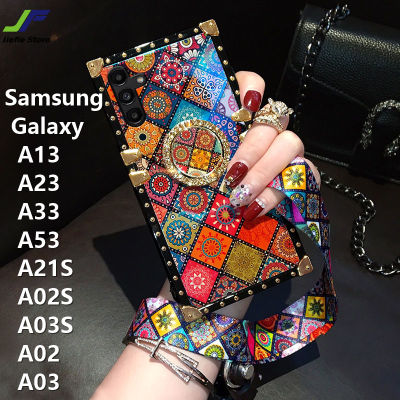 JieFie สำหรับ Samsung Galaxy A13 / A53 / A23 / A21S / A02S / A03S / A02 / A03 Blu-Ray ชาติพันธุ์สไตล์โทรศัพท์กรณีสแควร์กันกระแทกปกหลัง + ขาตั้งแหวนและเชือกเส้นเล็ก
