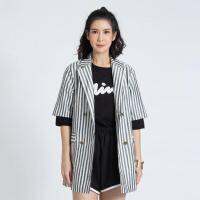 GSP Blouse Gray Striped Short Sleeve Jacket แจ็คเก็ต แขนสั้น ลายทางสีเทา (SU9LBL)