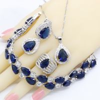 Royal Blue Semi-precious Silver Color Bridal Jewelry Sets For Women Bracelet Hoop Earrings Necklace Pendant Rings Gift Box