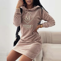 Autumn Winter Loose Hooded Letter Sweatshirt Dress  Womens Long-sleeve Velvet Hoodie Pullover Dress Fashion Hooded Dresses