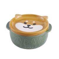 （glistening shop） CartoonCeramic Cat Dog ก๋วยเตี๋ยวชามพร้อมฝาปิด CuteSoupFruit BowlTableware