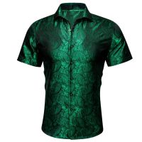 (Celebrity Menswear) Barry.wang Luxury Green Paisley Mens Summer Fashion Silk Casual Shirt Stylish Lapel Pattern Short Sleeve Shirt Male Blouse Fit