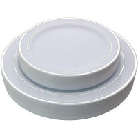 25PCS Silver Plastic PLATE- Plastic Plates With Silver Rim- Plastic Wedding Party Plates Dinner Plates Salad Plates