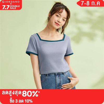 GIORDANO Women T-Shirts Contrast Color Square Neck Fashion Rib Tee Short Sleeve Slim Summer Comfort Casual Tshirts 05323422