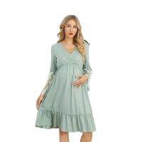 Hot Sale Green Splice Mesh Long-Sleeve Maternity Dress Maternity Clothing Dress Pregnant Women Dress