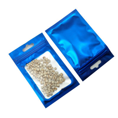 100Pcs Blue Aluminum Foil with Hang Hole Zip Lock Tear Notch Recyclable Package Bag Matte Clear Window Zipper Bean Snack Pouches