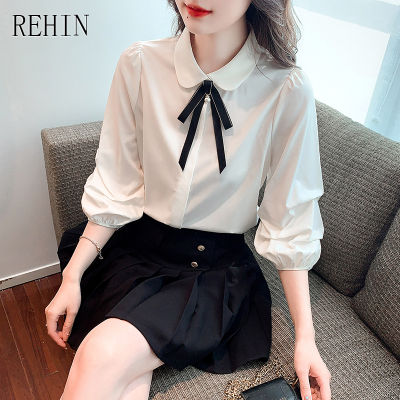 REHIN ผู้หญิงสีขาวด้านบน Bie Tie Collar เสื้อแขนยาวออกแบบใหม่ Niche ตุ๊กตาคอภาษาฝรั่งเศสคำอายุลดเสื้อ