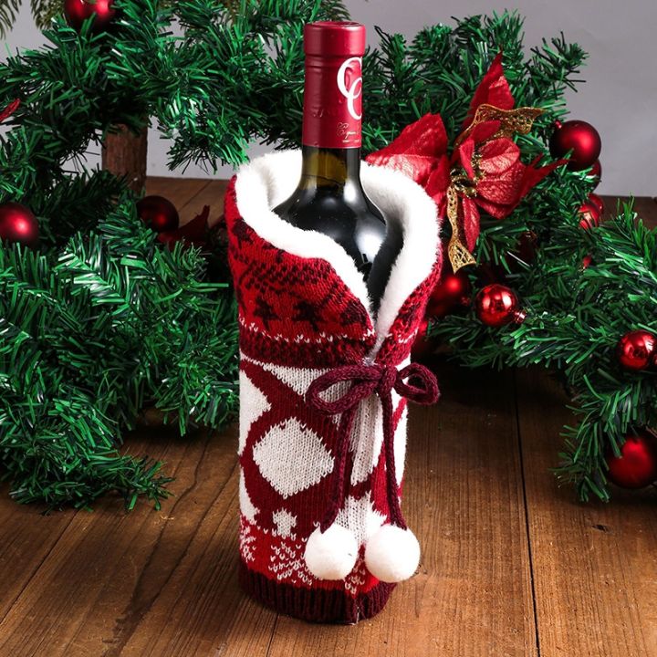 high-end-cups-2022ใหม่ชุดไวน์แดงลูกขนสัตว์ถักโบว์ขวดไวน์แดงชุดคริสต์มาสตกแต่งบ้านบรรยากาศอุปกรณ์สไตล์นอร์ดิก