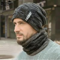 [hot]Men Winter Warm Fleece Camping Hat Beanie Baggy Wool Ski Cap + Scarf Windproof Hats Letter Knitted Caps