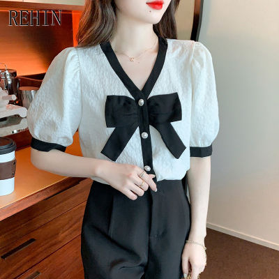 REHIN ผู้หญิงฤดูร้อนใหม่เกาหลีรุ่น All-Match Bow Tie Collar เย็บ V คอเสื้อแขนสั้นแนวโน้มเสื้อ Elegant