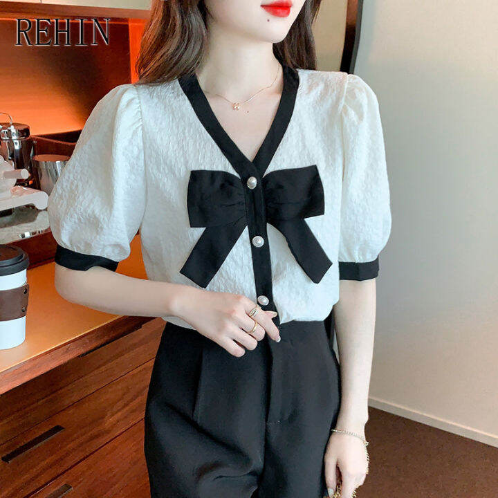 rehin-ผู้หญิงฤดูร้อนใหม่เกาหลีรุ่น-all-match-bow-tie-collar-เย็บ-v-คอเสื้อแขนสั้นแนวโน้มเสื้อ-elegant