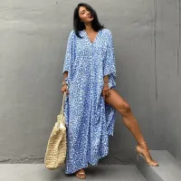 --D0512 Hot style in Europe and the people of cotton blue leopard point printing beach blouse loose robes holiday dress bikini smock