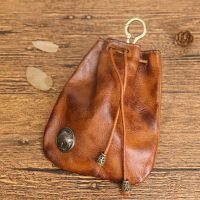 ♞❍▪ Genuine Leather Coin Purse For Women Men Vintage Handmade Small Drawstring Pocket Storage Bag With Keyring Card Holder Case