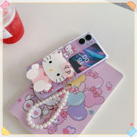 เคสโทรศัพท์สไตล์ใหม่สำหรับ OPPO Find N2พับได้เคสแฟชั่นเพ้นท์สี Hello Kitty สร้อยข้อมือไข่มุก PC เคสโทรศัพท์ความคิดสร้างสรรค์ส่วนบุคคลใสสำหรับผู้หญิง