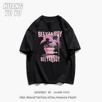 HUANGYOYO เสื้อยืดแขนสั้นกราฟฟิตีผ้าฝ้าย100% ตัวอักษรแนวสตรีทวินเทจ