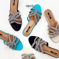 MarchShoes Zara Sandals รองเท้าแตะผ้าไหม ประดับเส้นเพชรคริสตัล รุ่น Zara ส้นเตี้ย พื้นยางกันลื่น