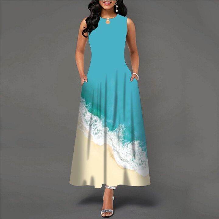 ฤดูร้อนลำลองแขนกุดพิมพ์-fish-beach-รูปแบบ-maxi-dress-a-line-boho-pocket-vintage-หลวม-plus-size-dresses