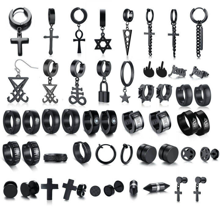 Vnox 1pcs Black Hip Hop Punk Men Rock Earrings Dangle Clip & Piercing