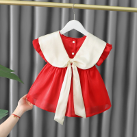 Korean Princess Dress 2022 New Summer Fashion Cute Baby Girl Dress Red White Bow Tie Short Sleeve Strap Skirt 1 2 3 4 5 Year