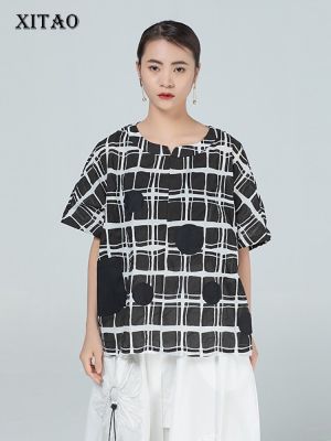 XITAO T-shirt Loose able Plaid Casual Top