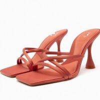 za.raˉ2023 Summer New Womens Shoes Coral Red Cross-Strap Satin Textured High Heel Sandals muels