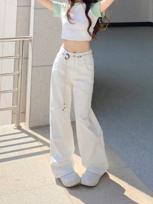 เสื้อคลุม Temperament Washed White Jeans Womens Summer High Waist Thin Straight-Leg Pants Loose Casual Wide-Leg Pants