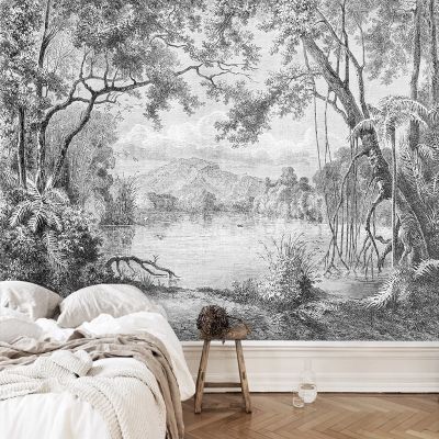 【☑Fast Delivery☑】 shang815558 ภาพติดผนังลายป่าสีขาวดำแบบกำหนดเองวอลล์เปเปอร์รูปภาพสีวาดมือแนวย้อนยุคแนวยุโรปภาพป่าฝนป่าฝนป่า Papel De พาเรกเด