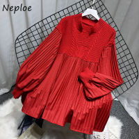 Naploe Vintage Style Knitted Patchwork Pullovers Women Loose V-neck Lantern Sleeve Pleated Jumper Tops Mujer Autumn New Sweaters