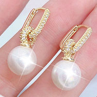 JUWANG Round Shape Romantic Exquisite Zircon Earring For Lady Temperament Shine 14K Real Gold Luxury Pearl Trend Earring Pendant