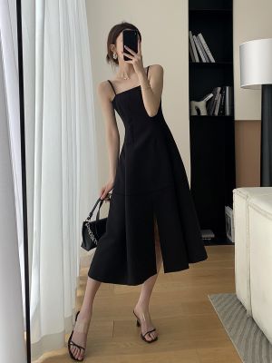 FT GUOGE black dress female new summer 2023 French accept waist show thin temperament Hepburn wind skirt with shoulder-straps
