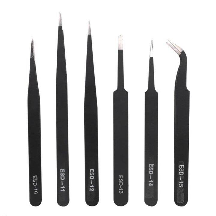 6pcs-set-esd-curved-fine-tip-anti-static-tweezers-set-stainless-steel-multifunction-tweezer-repairing-hand-tools-for-card-making