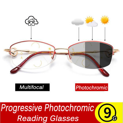 Smart zoom Photochromic Multifocal Reading glasses Women Anti-blue light Progressive Presbyopia Eyeglasses Half-Frame Diopter