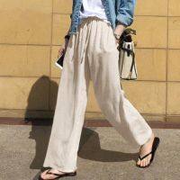 2023 Summer Cotton Womens Long Pants Drawstring Casual Hight Wasit Wide-leg Pants Female Autumn Trendy Fashion Loose Pants