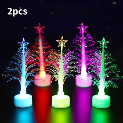 2pcs Mini Flash LED Christmas Tree Colorful Fiber Optic Christmas Tree Night Light Home Party Decorations Romantic Gift