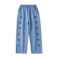 Spring 2021 Children Clothing Casual Loose Denim Jeans Toddler Girl Heart Print Cotton Blue Trousers Wide-Leg Pants 4 6 8 10 12Y