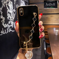 AnDyH เคสโทรศัพท์เคลือบขอบตรงสำหรับ Xiaomi Redmi 9A,เคสป้องกันกล้องที่แม่นยำสไตล์สาวน่ารักพร้อมสร้อยข้อมือโคลเวอร์สี่ใบ