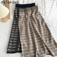 Matakawa Knitted Faldas Largas Korean Letter Print Midi-length High Waist Slim All-match Skirts Fashion Vintage Casual Jupes