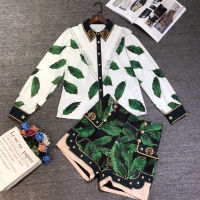 Runway Fashion Two Piece Shorts Sets Womens Lantern Sleeve Vintage Printed Beading Shirts and Shorts Female Office Suit Outfits