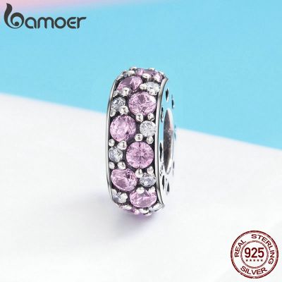 BAMOER Spacer Charm Beads fit Women celet Bangles DIY Authentic 925 Sterling Silver Pink CZ SCC635